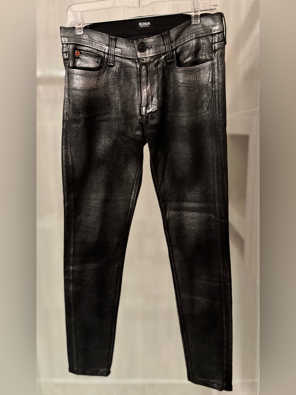 Hudson Nico Mid Rise Super Skinny Jeans Metallic Silver Coated Black Size 27 USA